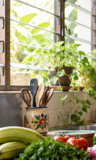 Plantas junto a la ventana de una cocina luminosa · Imagen ilustrativa generada con IA